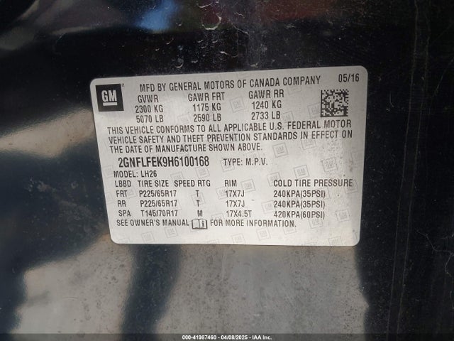 2GNFLFEK9H6100168 Chevrolet EQUINOX LT