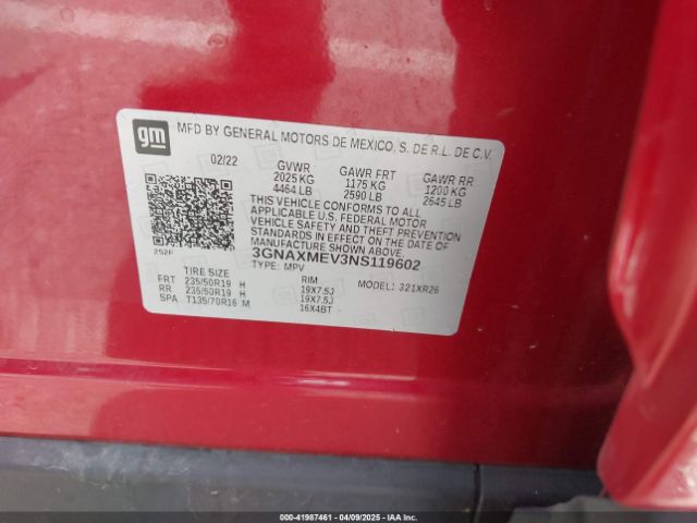 3GNAXMEV3NS119602 Chevrolet Equinox Fwd Rs