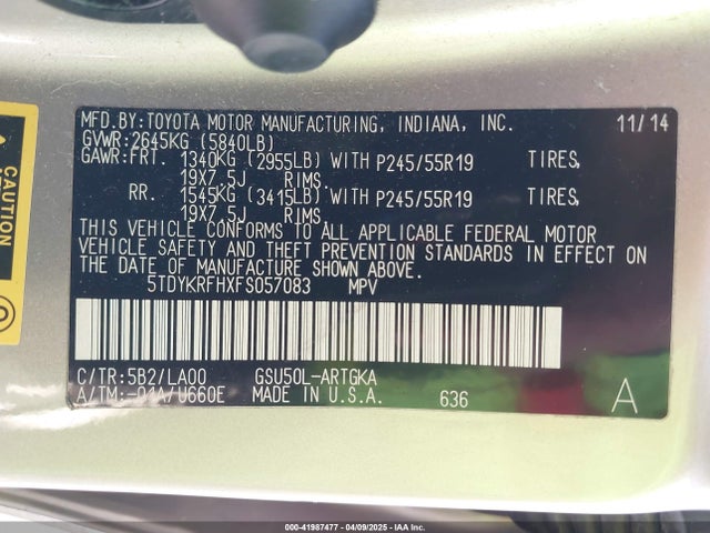 Toyota Highlander Limited V6 2015 5TDYKRFHXFS057083 Image 9