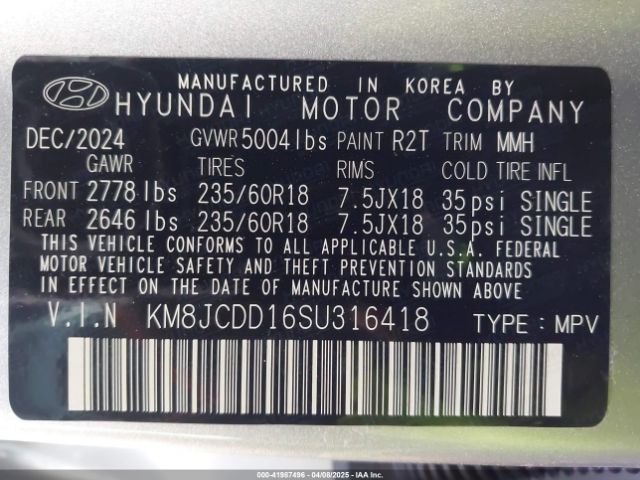 KM8JCDD16SU316418 Hyundai Tucson Hybrid Sel Convenience