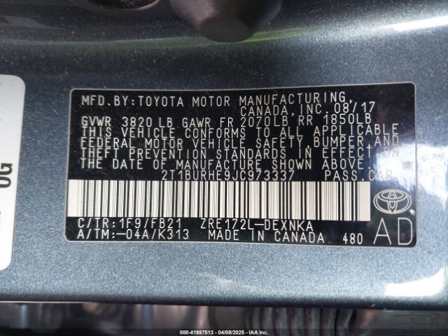 2T1BURHE9JC973337 Toyota COROLLA LE