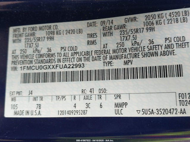 1FMCU0GXXFUA22993 Ford ESCAPE SE