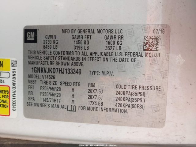 1GNKVJKD7HJ133349 Chevrolet Traverse Premier