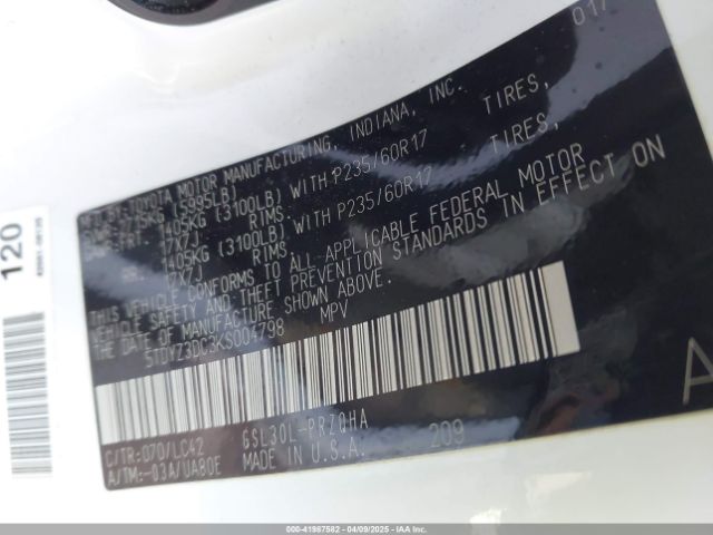 5TDYZ3DC3KS004798 Toyota Sienna Xle Premium 8 Passenger