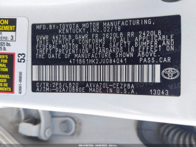 4T1B61HK2JU084041 Toyota CAMRY XSE