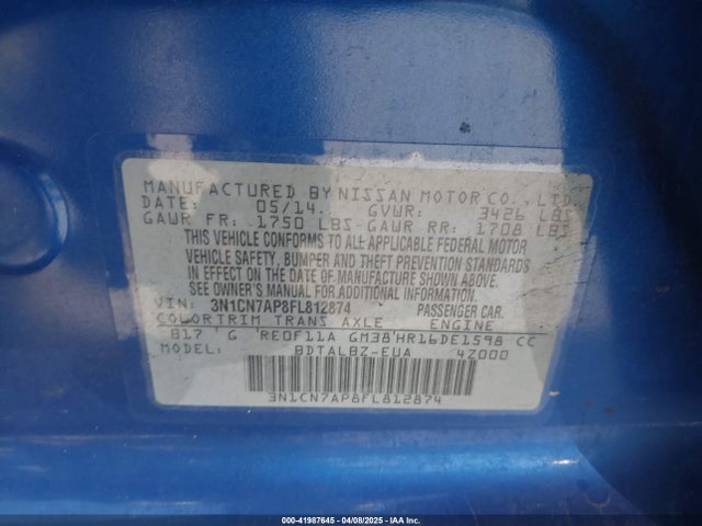 3N1CN7AP8FL812874 Nissan Versa 1.6 Sv