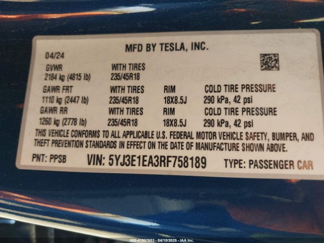 5YJ3E1EA3RF758189 Tesla MODEL 3
