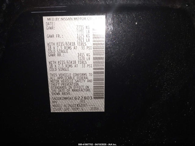 5N1DR2MM5KC622803 Nissan Pathfinder Sv