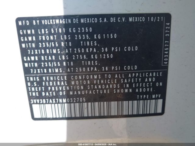 3VV3B7AX7NM032705 Volkswagen Tiguan 2.0t Se