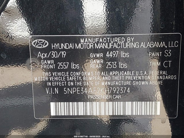 5NPE34AF2KH792374 Hyundai Sonata Sport