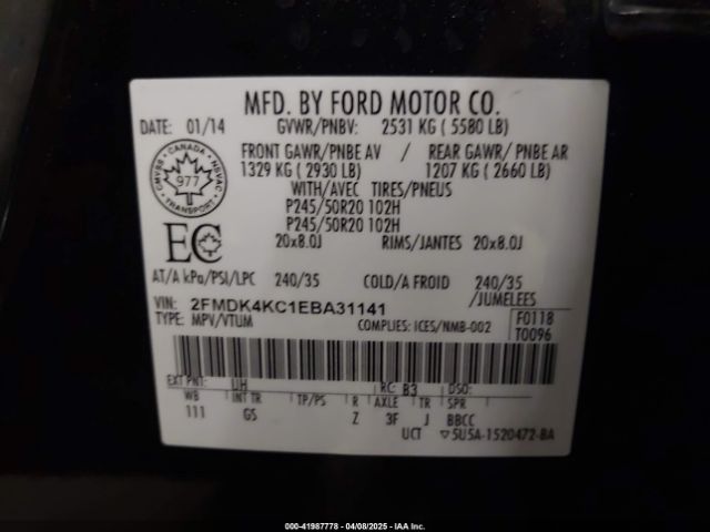 2FMDK4KC1EBA31141 Ford Edge Limited