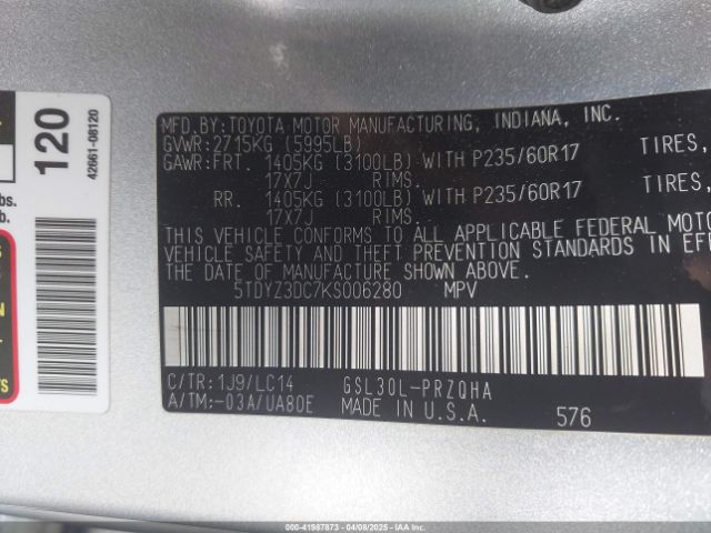 5TDYZ3DC7KS006280 Toyota Sienna Xle 8 Passenger