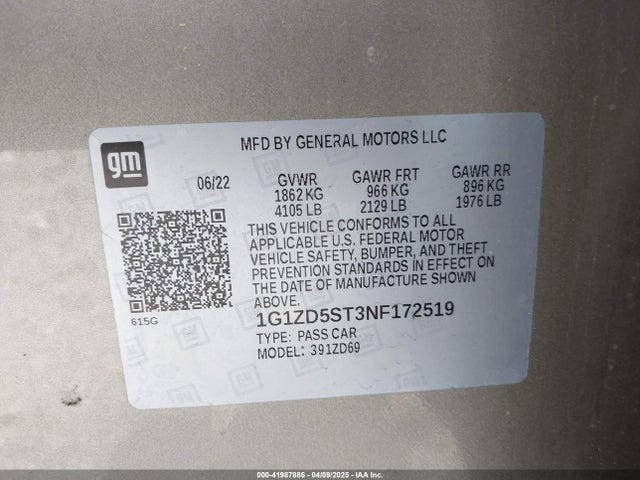 1G1ZD5ST3NF172519 Chevrolet Malibu Fwd Lt