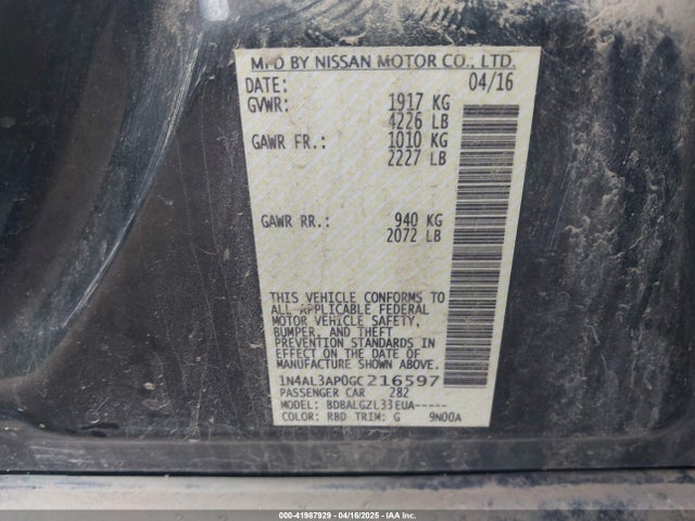 1N4AL3AP0GC216597 Nissan Altima 2.5/2.5 S/2.5 Sl/2.5 Sr/2.5 Sv