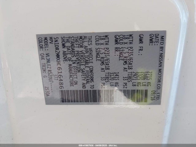 5N1DR2MMXHC616486 Nissan Pathfinder Platinum/s/sl/sv