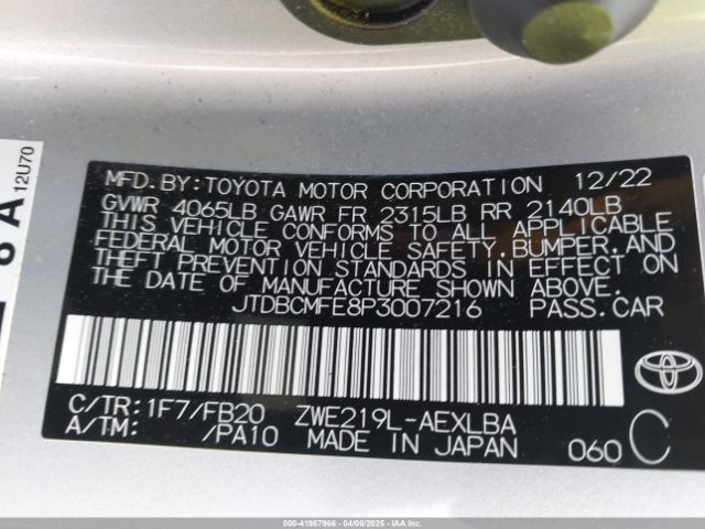 JTDBCMFE8P3007216 Toyota 2zr-fxe, 1vm