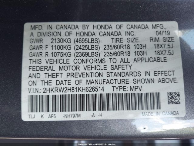 2HKRW2H81KH626514 Honda Cr-v Ex-l