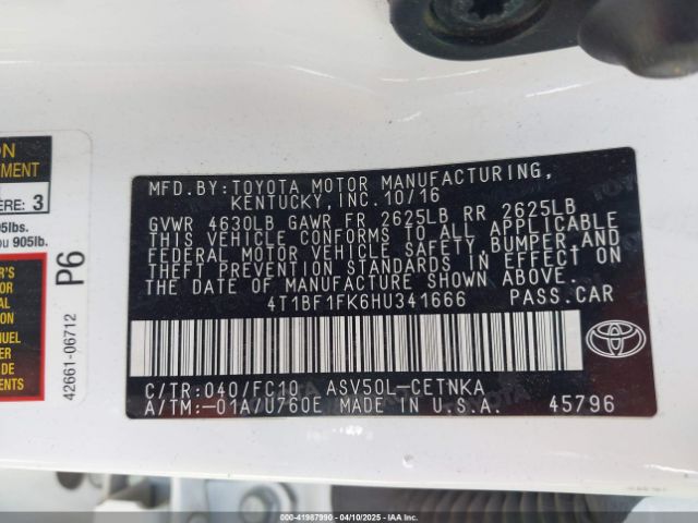 4T1BF1FK6HU341666 Toyota CAMRY LE