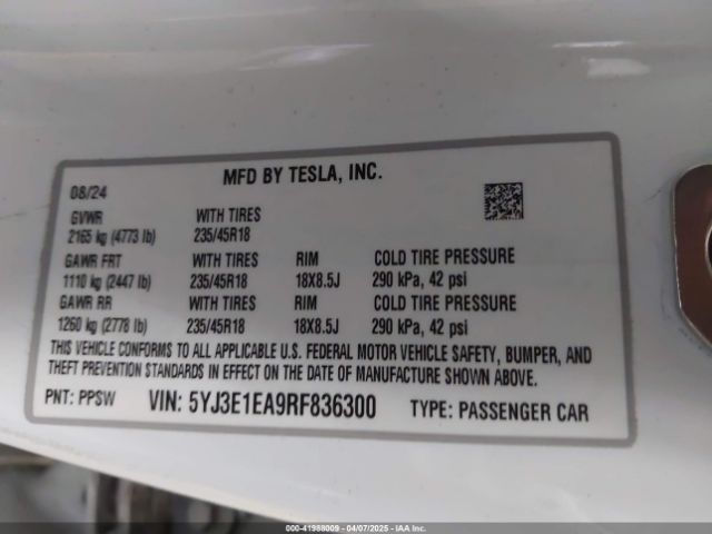 5YJ3E1EA9RF836300 Tesla MODEL 3