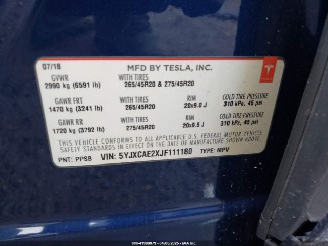 2018 TESLA MODEL X 5YJXCAE2XJF111180 Photo 8
