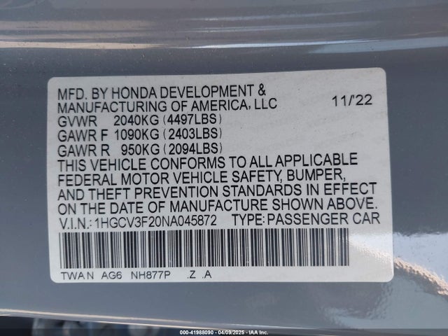 1HGCV3F20NA045872 Honda Accord Hybrid Sport