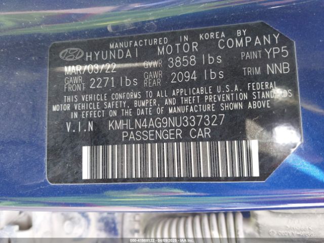 KMHLN4AG9NU337327 Hyundai ELANTRA SEL