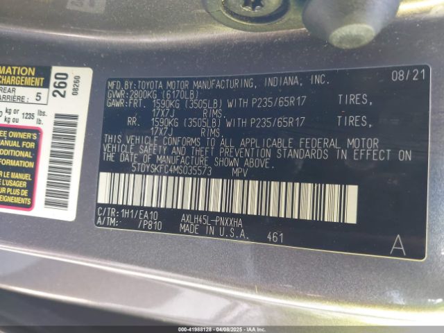 5TDYSKFC4MS035573 Toyota SIENNA XLE