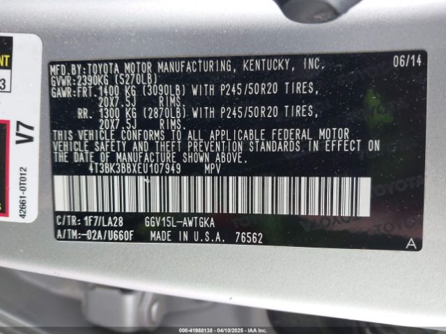 4T3BK3BBXEU107949 Toyota Venza Limited V6
