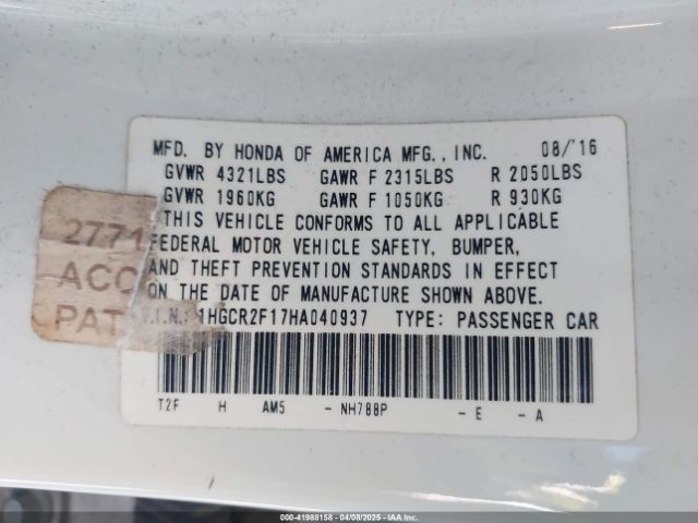 1HGCR2F17HA040937 Honda Accord Sport Se