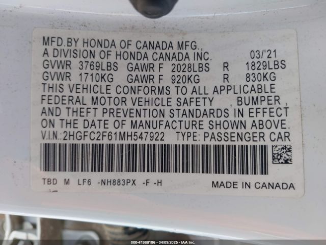 2021 HONDA CIVIC 2HGFC2F61MH547922 Photo 8