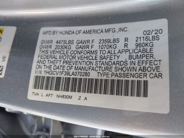 1HGCV1F39LA070280 Honda Accord Sport