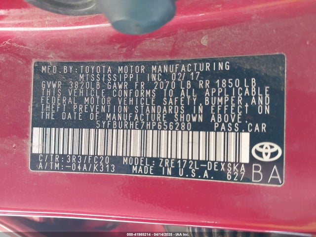 5YFBURHE7HP656280 Toyota 2zr-fe