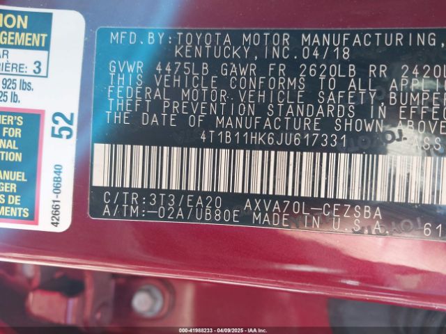 4T1B11HK6JU617331 Toyota CAMRY SE