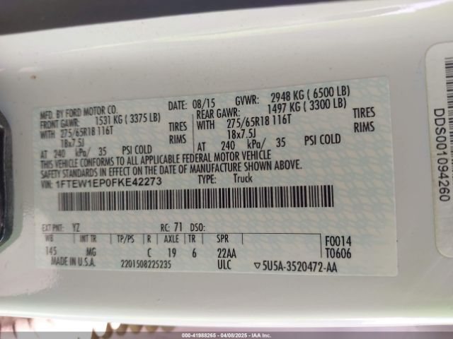 1FTEW1EP0FKE42273 Ford F-150 Xlt