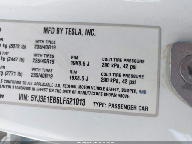 5YJ3E1EB5LF621013 Tesla Model 3 Long Range Dual Motor All-wheel Drive