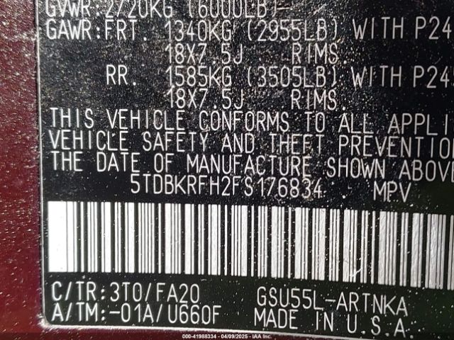 5TDBKRFH2FS176834 Toyota Highlander Le Plus V6
