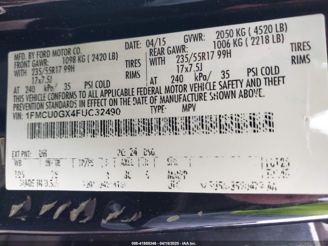1FMCU0GX4FUC32490 Ford ESCAPE SE
