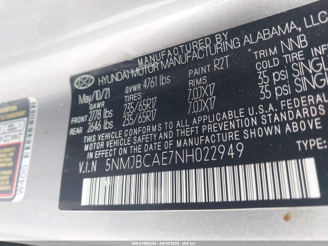 5NMJBCAE7NH022949 Hyundai TUCSON SEL