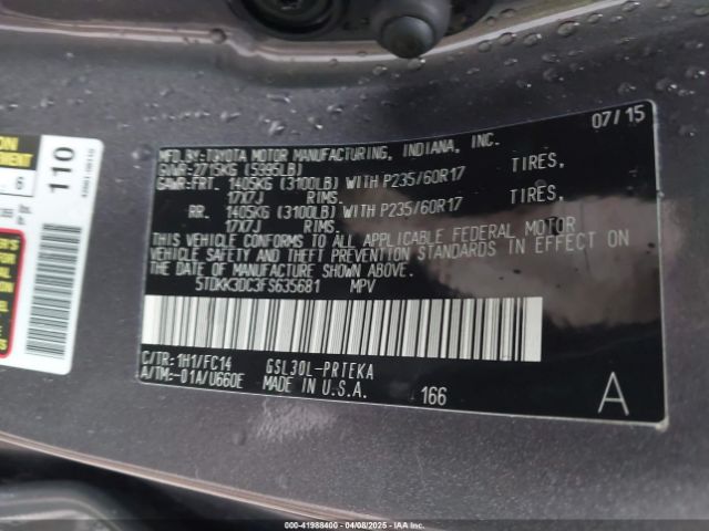 5TDKK3DC3FS635681 Toyota Sienna Le 8 Passenger