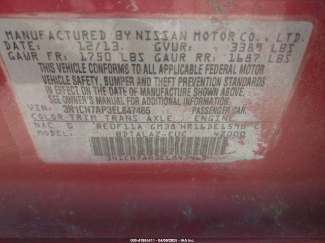 3N1CN7AP3EL847465 Nissan Versa 1.6 S+