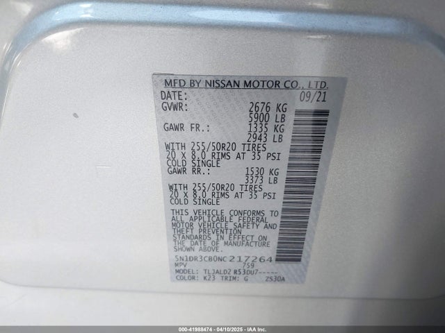5N1DR3CB0NC217264 Nissan Pathfinder Sl 2wd
