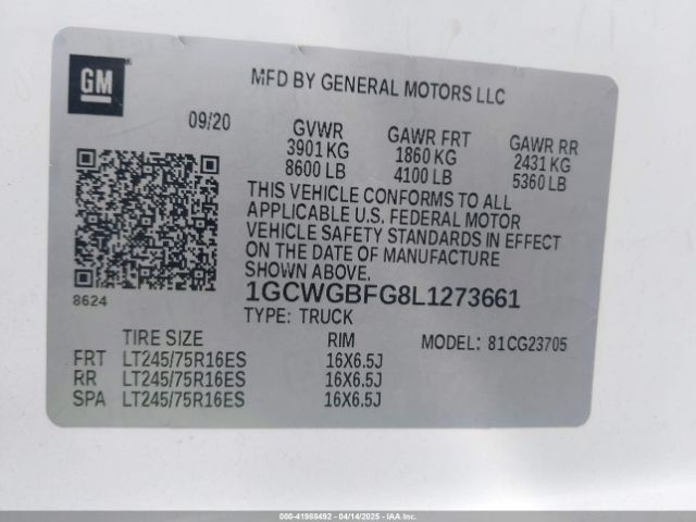 1GCWGBFG8L1273661 Chevrolet Express Cargo Rwd 2500 Extended Wheelbase Wt