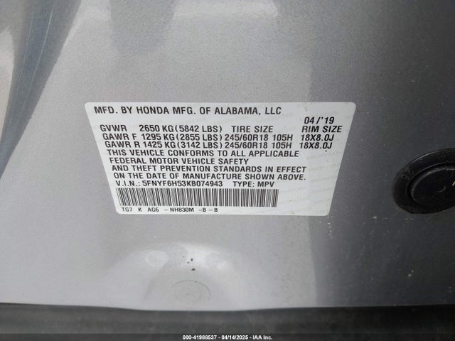5FNYF6H53KB074943 Honda Pilot Ex-l