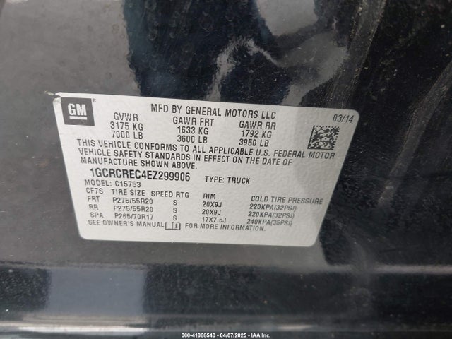 1GCRCREC4EZ299906 Chevrolet Silverado 1500 1lt