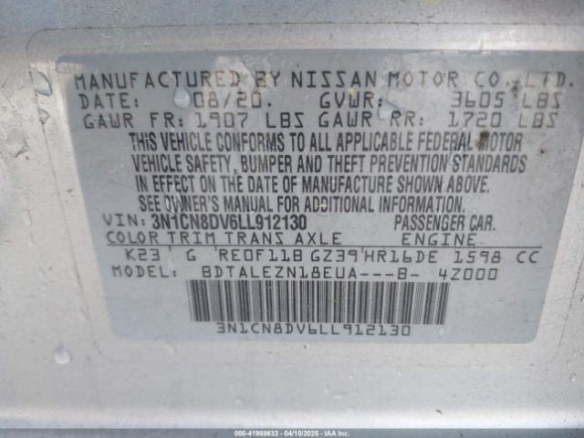 3N1CN8DV6LL912130 Nissan Versa S Xtronic Cvt