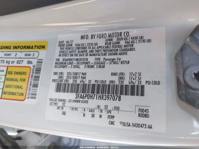 3FA6P0H71HR397078 Ford FUSION SE