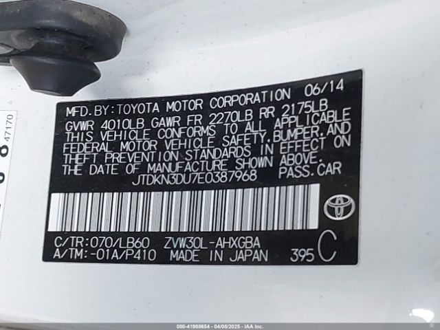 JTDKN3DU7E0387968 Toyota Prius Four