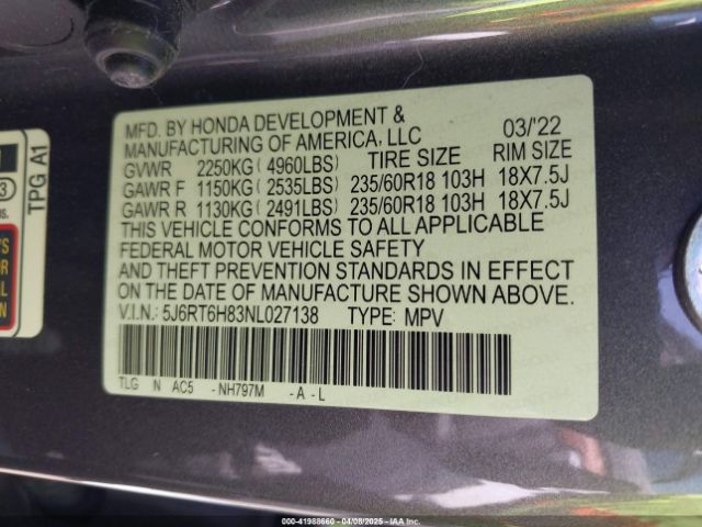 5J6RT6H83NL027138 Honda Cr-v Hybrid Ex-l