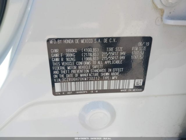 3CZRU6H70KM730212 Honda Hr-v Ex-l
