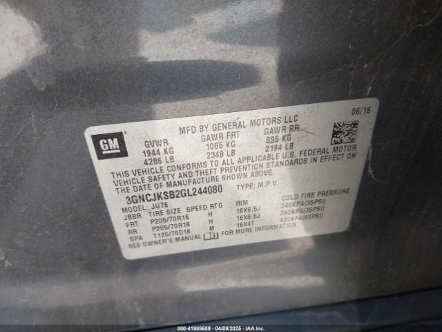 3GNCJKSB2GL244080 Chevrolet Trax 1ls